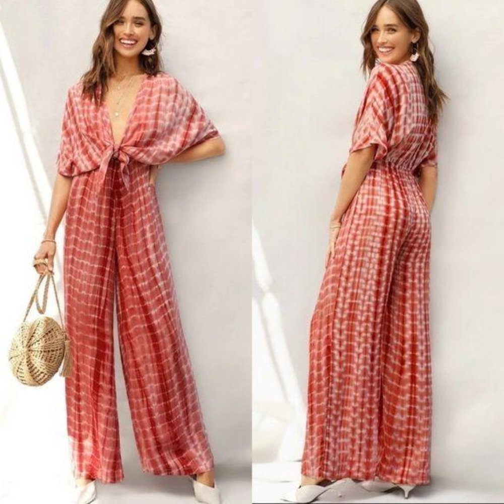 Boho orange knotted wide leg tie dye jumpsuit - Picture 1 of 1